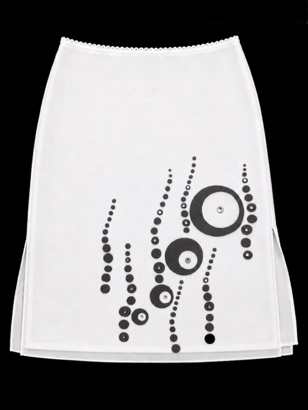 Soho White Sheer Layered Slit Abstract Skirt Black Circles Bubbles Rhinestone 2